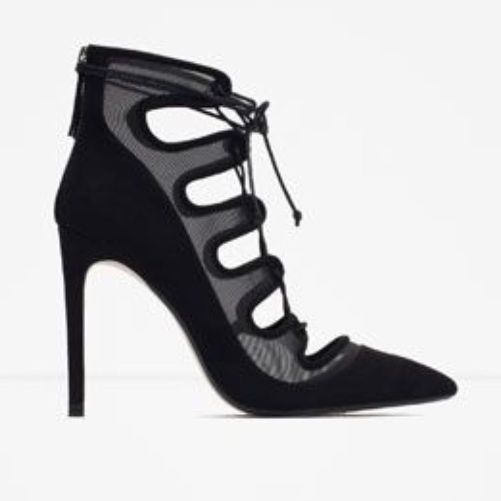 ZARA net mesh lace up booties heels shoes NWT BLACK 36 RT$90 size 6